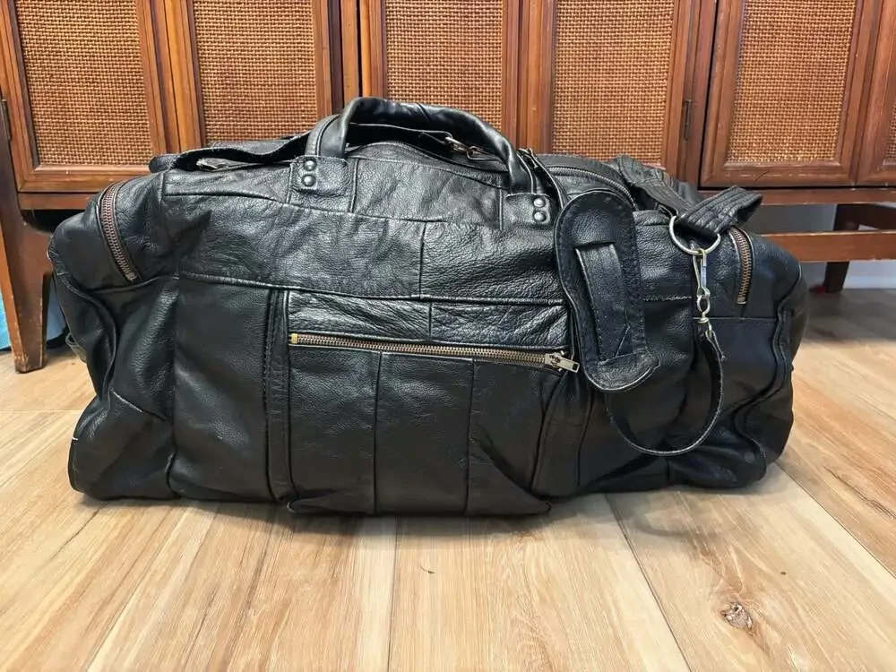 70s Vintage Large Black Genuine Cowhide Leather Travel Duffle Weekender Bag